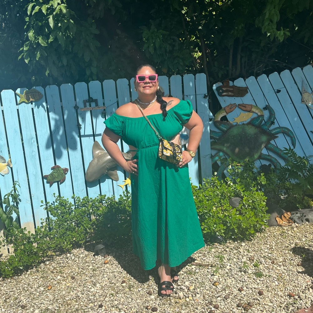 Green off shoulder dress